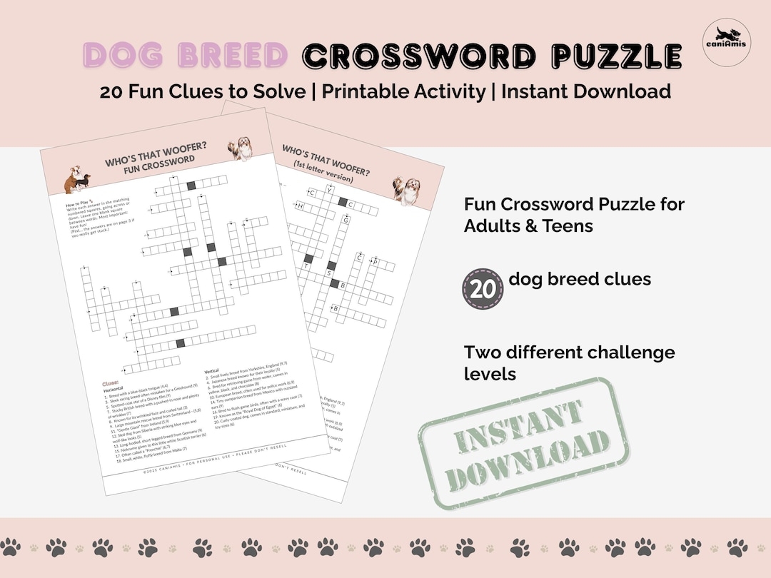 Dog Breed Crossword Puzzle Printable Activity 20 Fun Clues To Solve Instant Download PDF Etsy Dog Breed Crossword Puzzle Printable Activity 20 Fun Clues To Solve Instant Download PDF Etsy