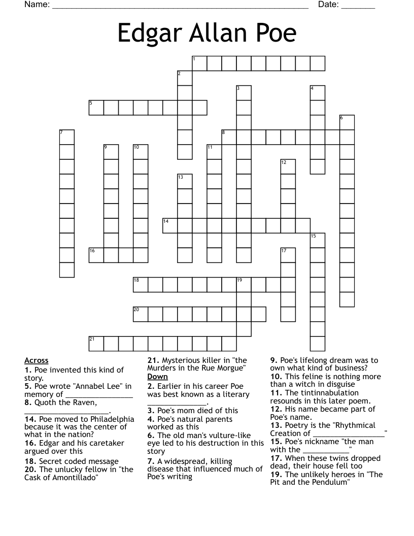 Edgar Allan Poe Crossword WordMint Edgar Allan Poe Crossword WordMint