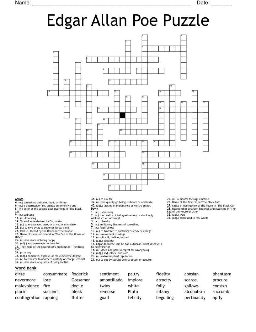 Edgar Allan Poe Puzzle Crossword WordMint Edgar Allan Poe Puzzle Crossword WordMint