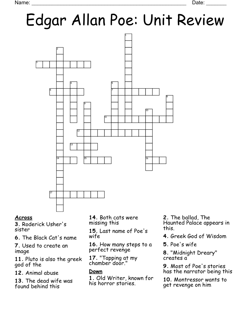 Edgar Allan Poe Unit Review Crossword WordMint