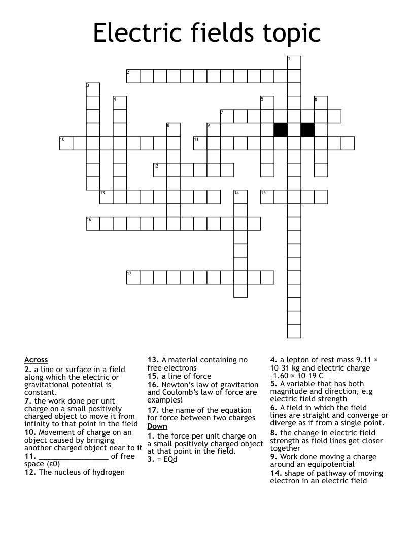 Electric Fields Topic Crossword WordMint