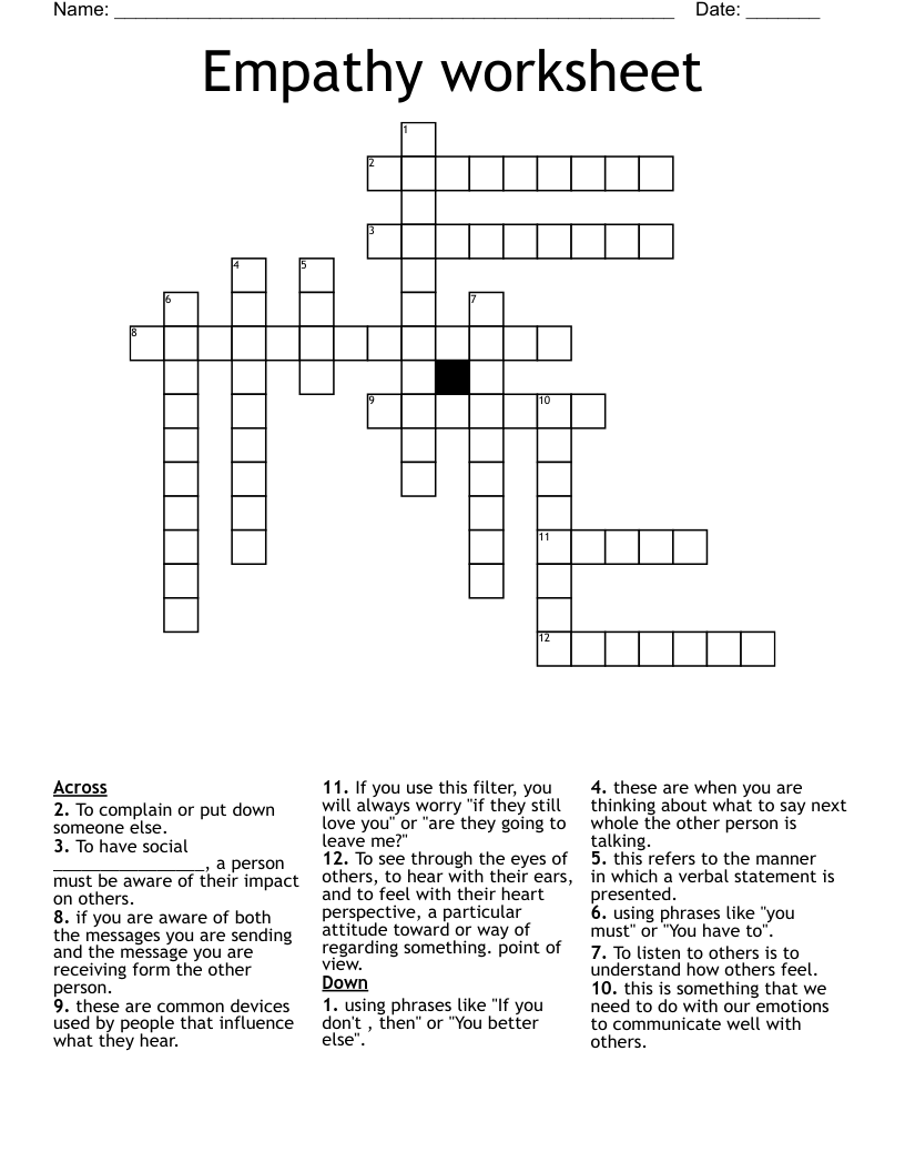 Empathy Worksheet Crossword WordMint