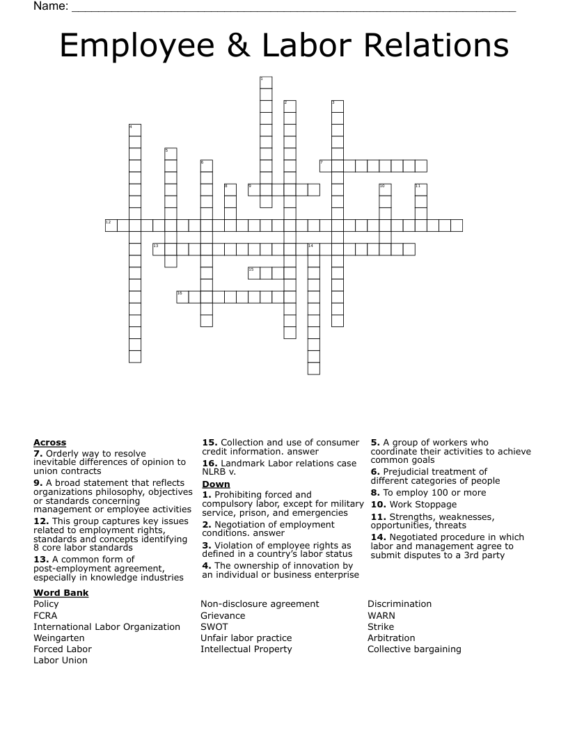 Employee Labor Relations Crossword WordMint
