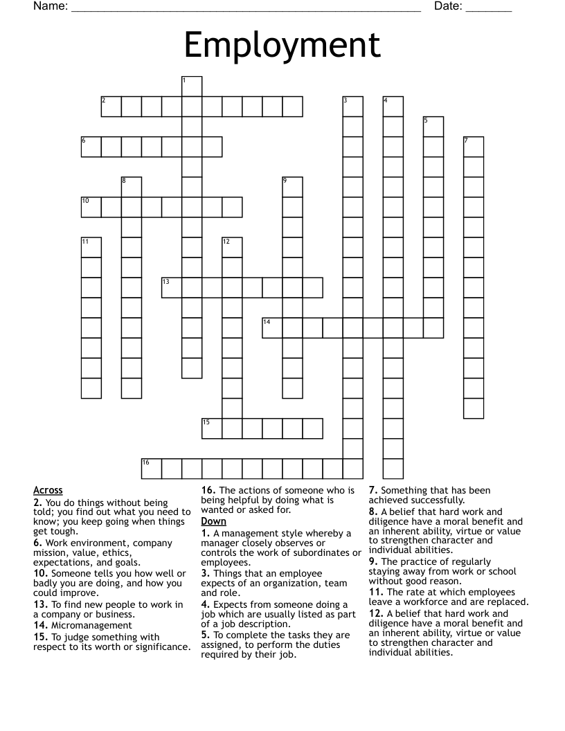 Employment Crossword WordMint Employment Crossword WordMint