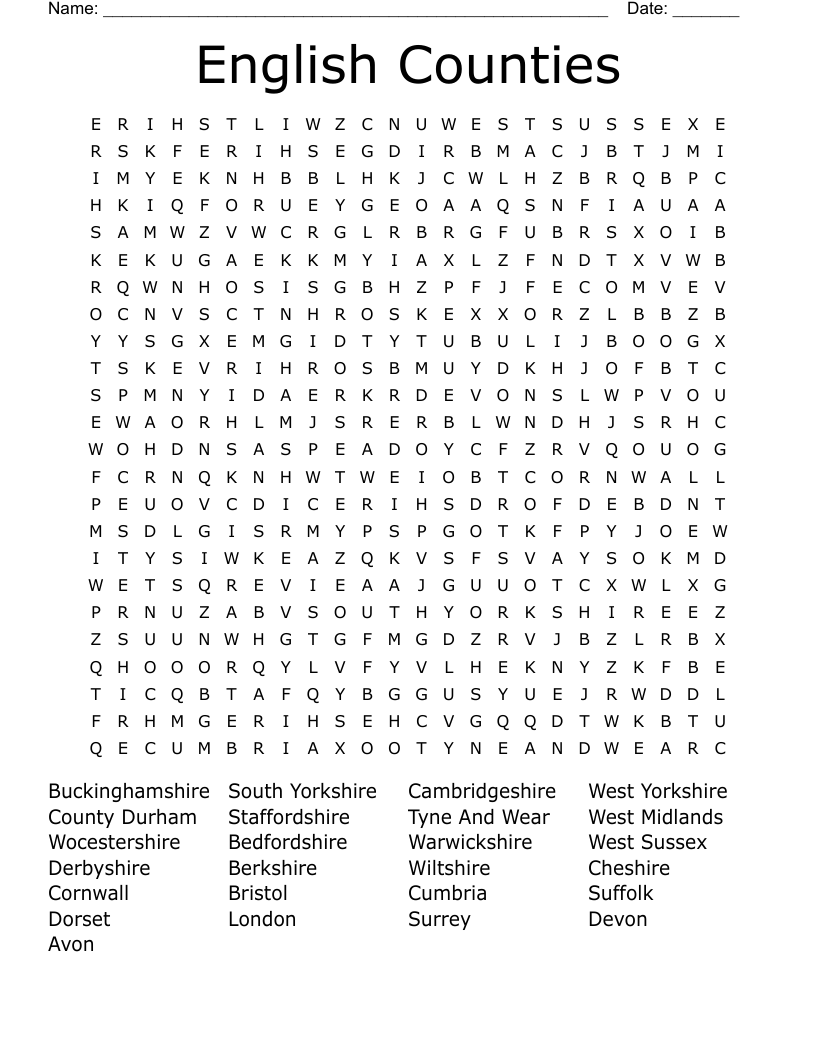 English Counties Word Search WordMint