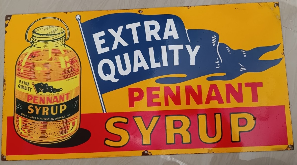 Extremely Rare Antique Not Porcelain Vintage Pennant Syrup Painted Tin Sign EBay