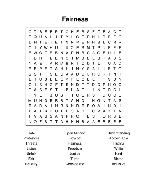 Fairness Word Search Fairness Word Search