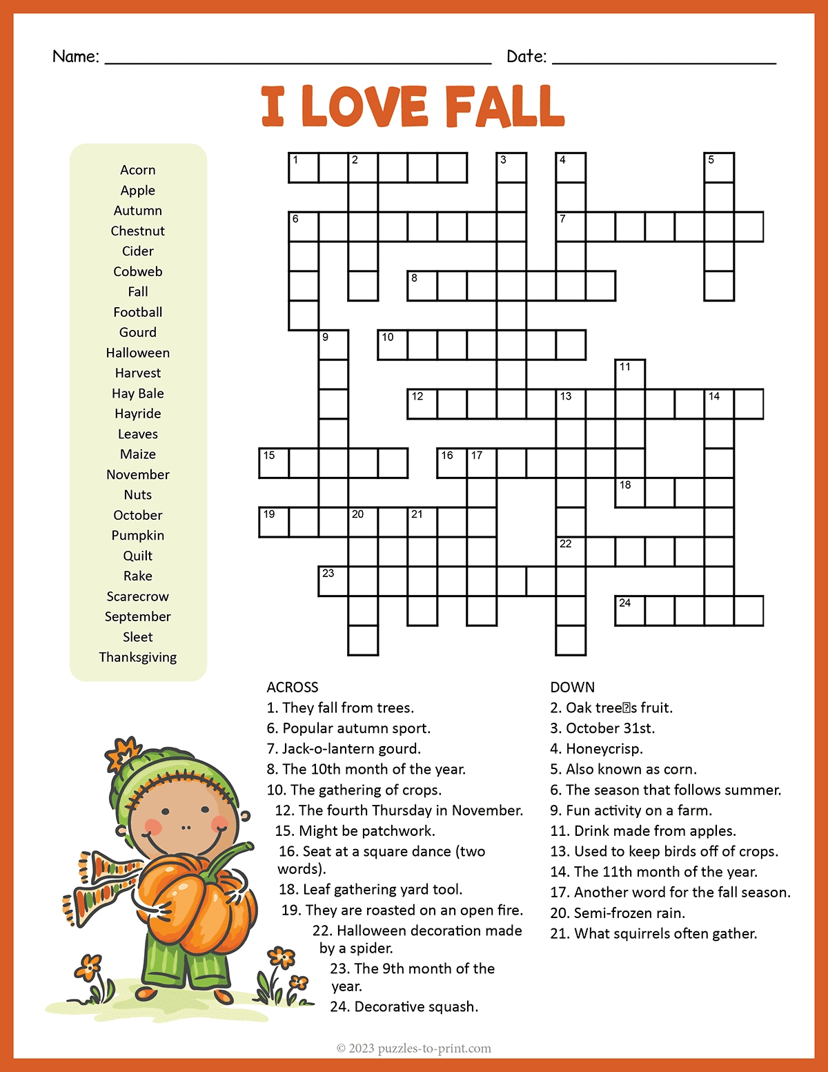 Fall Crossword Fall Crossword