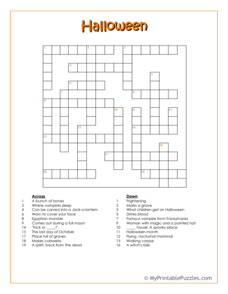 Fall Crossword Puzzle Intermediate My Printable Puzzles