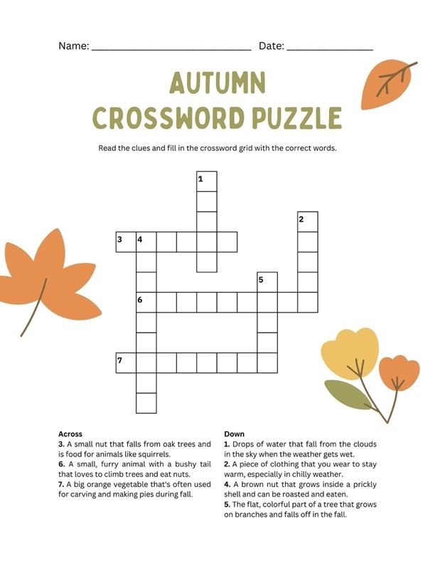 Fall Crossword Puzzle Kids Crossword Autumn Themed Fall Game 