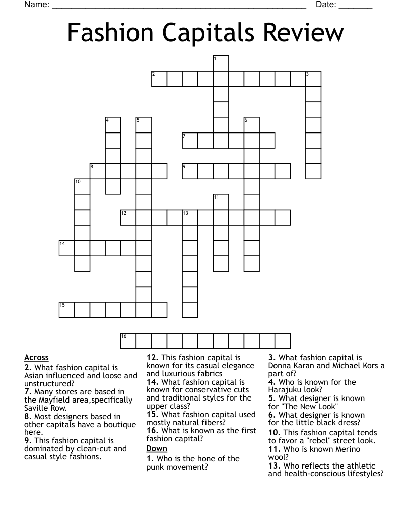 Fashion Capitals Review Crossword WordMint