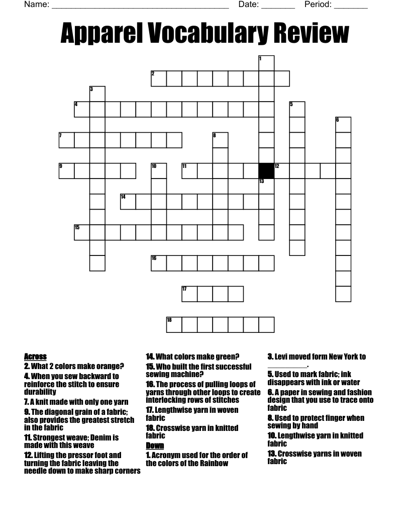 Fashion Design Crossword WordMint