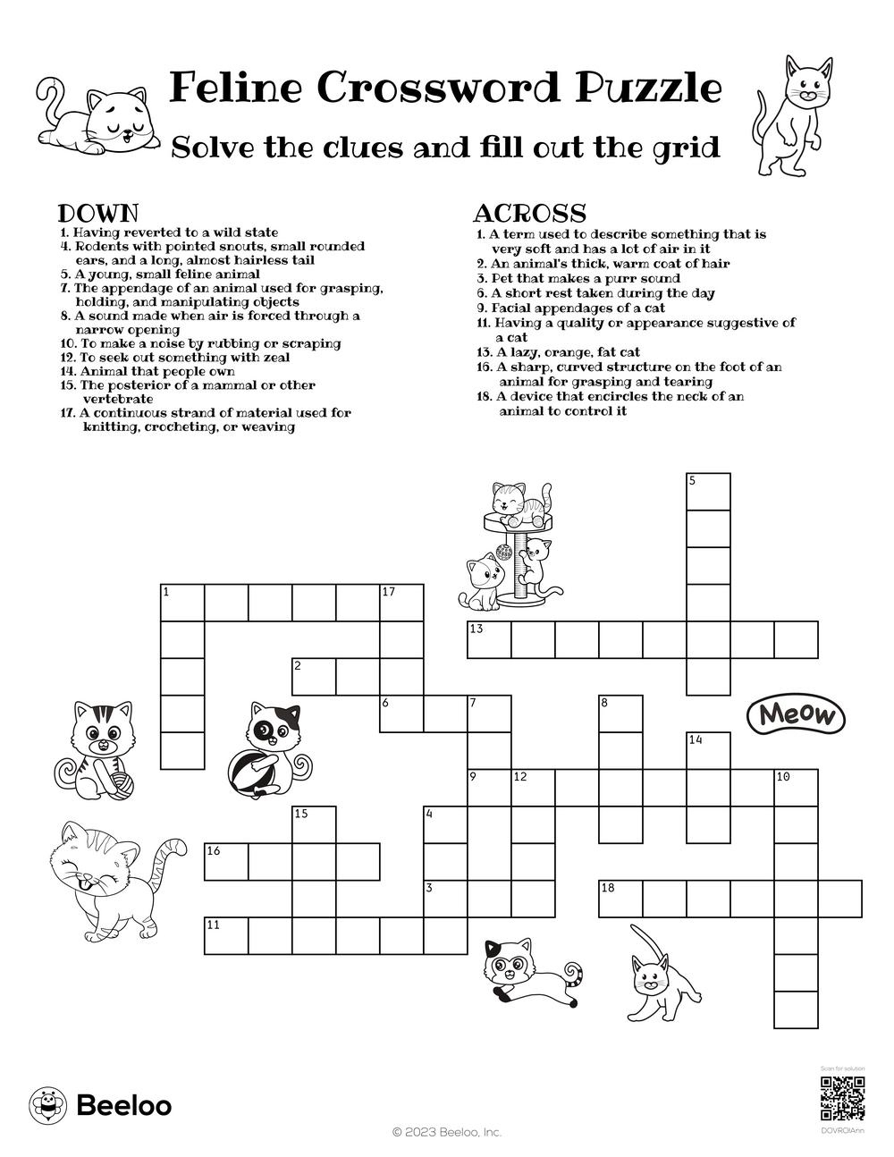 Feline Crossword Puzzle Beeloo Printable Crafts And Activities For Kids