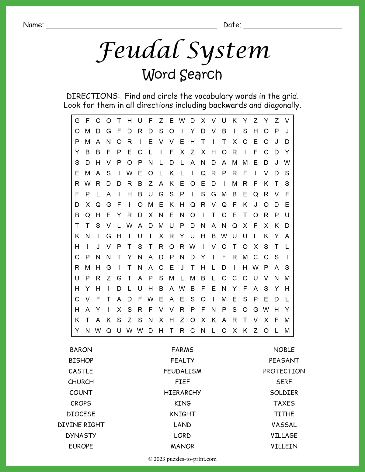 Feudal System Word Search Feudal System Word Search