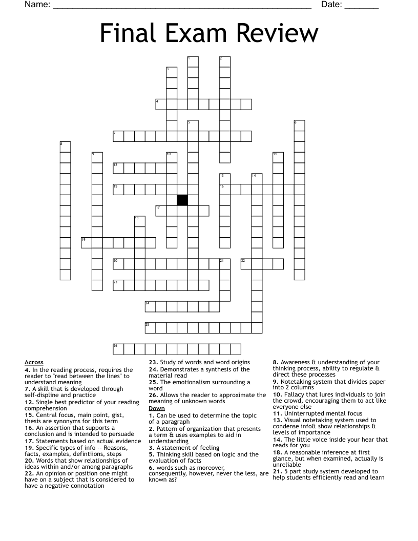Final Exam Review Crossword WordMint Final Exam Review Crossword WordMint