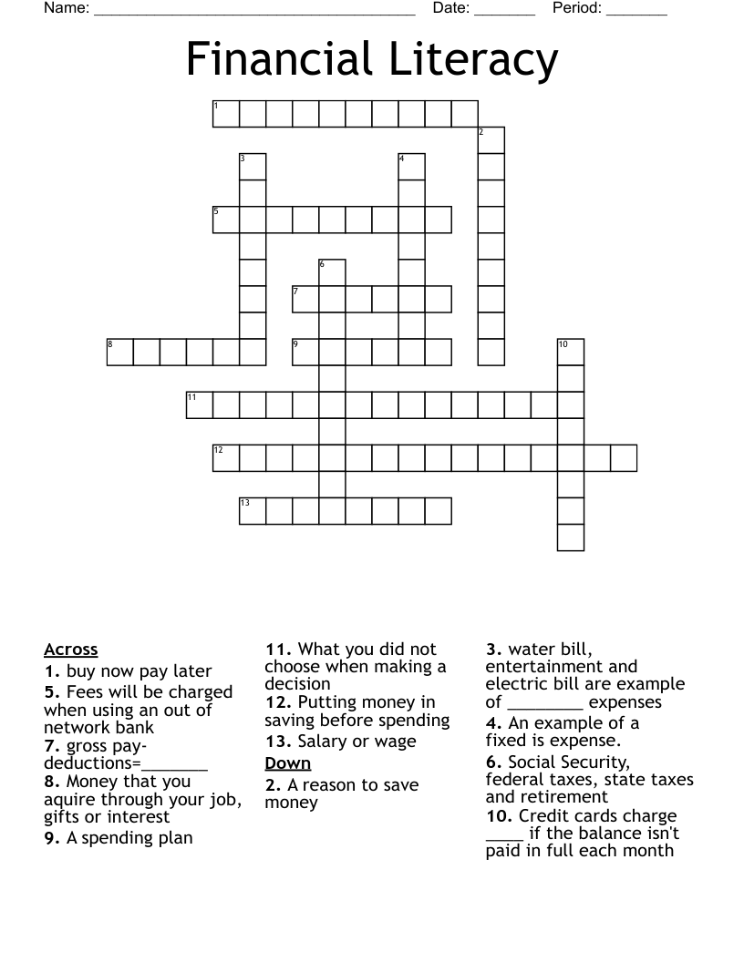 Financial Literacy Crossword WordMint