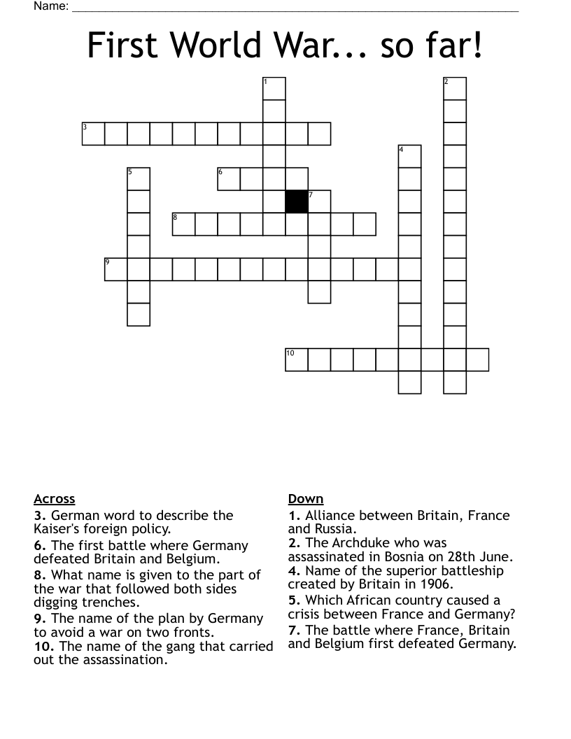 First World War So Far Crossword WordMint
