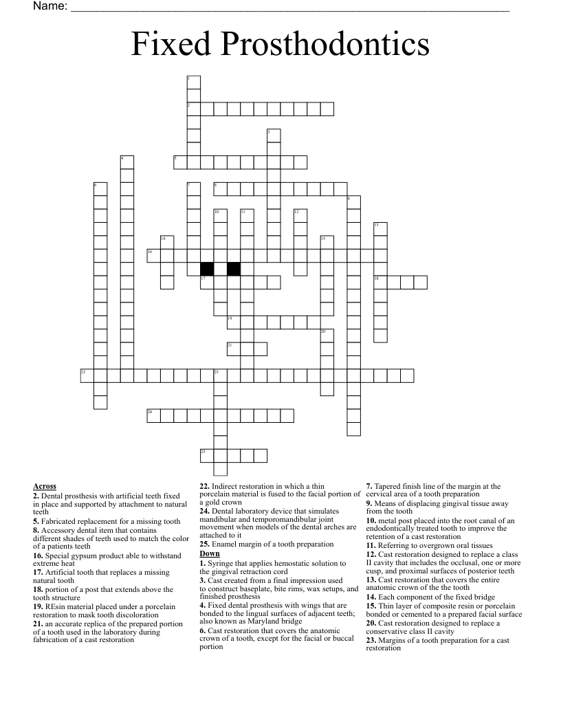 Fixed Prosthodontics Crossword WordMint Fixed Prosthodontics Crossword WordMint