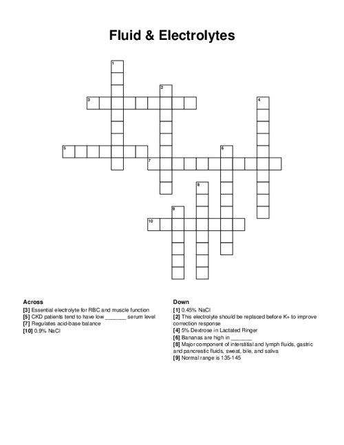 Fluid Electrolytes Crossword Puzzle