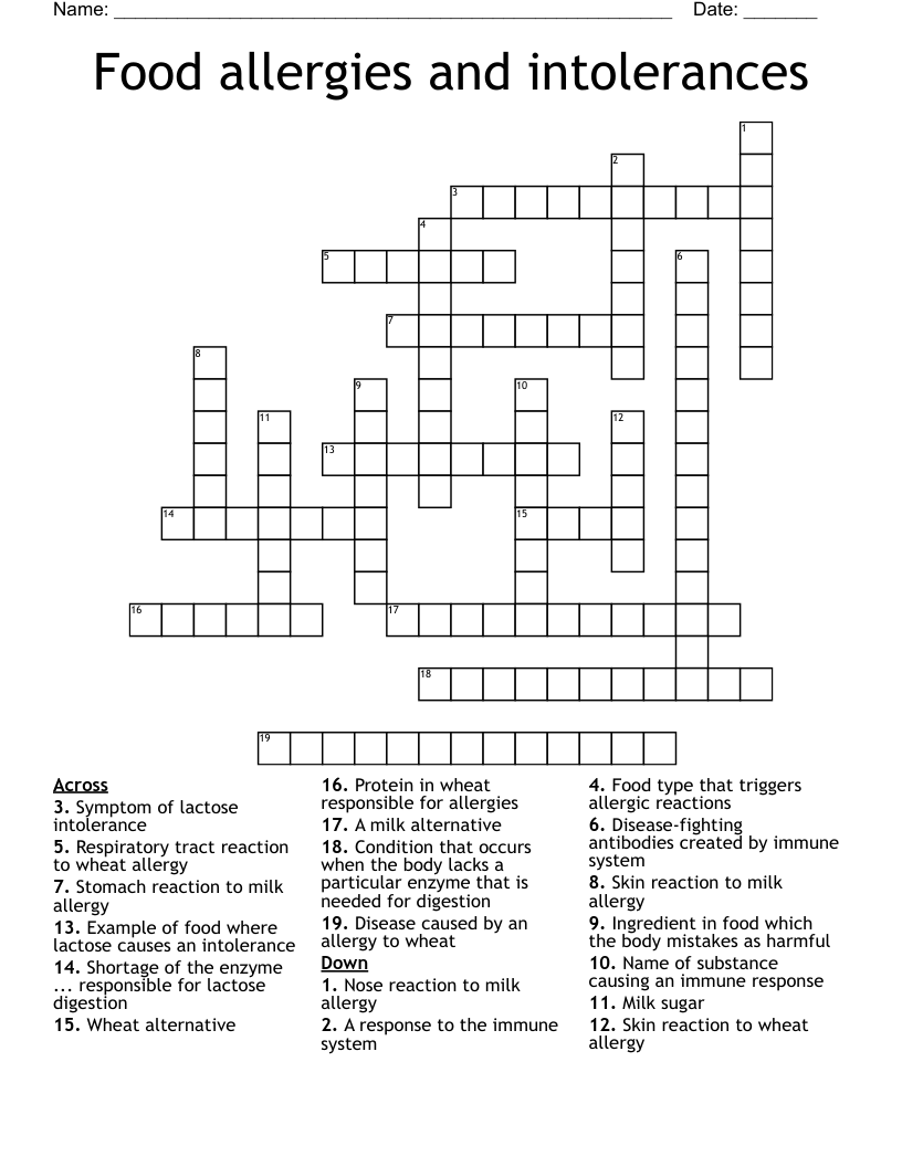 Food Allergies And Intolerances Crossword WordMint Food Allergies And Intolerances Crossword WordMint