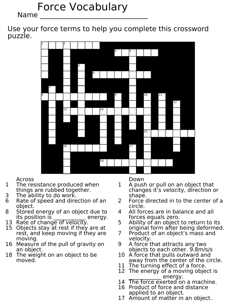 Force Vocabulary Crossword Puzzle Worksheet Force Vocabulary Crossword Puzzle Worksheet