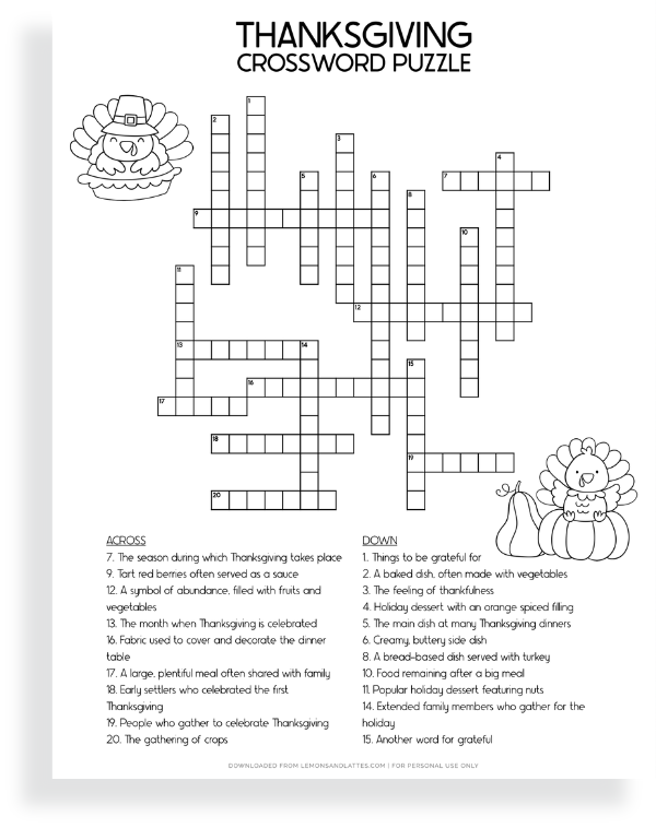 Free Thanksgiving Crossword Puzzle Printable