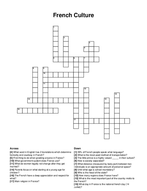 French Culture Crossword Puzzle