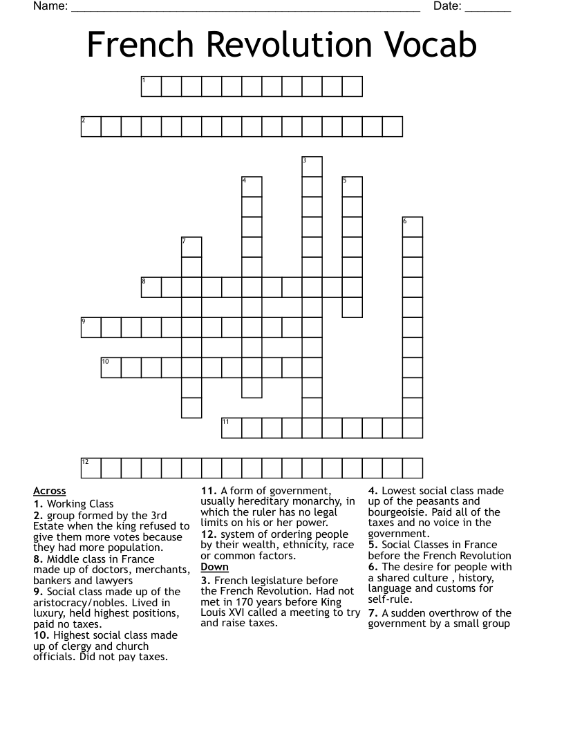 French Revolution Vocab Crossword WordMint