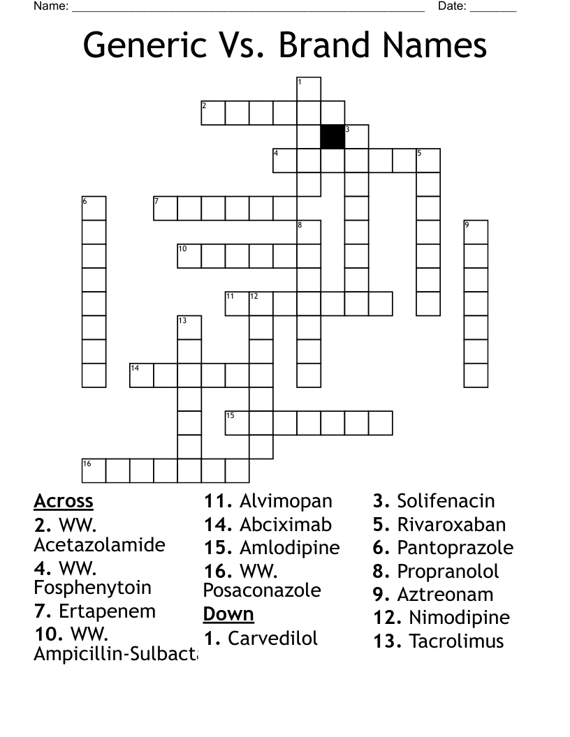 Generic Vs Brand Names Crossword WordMint