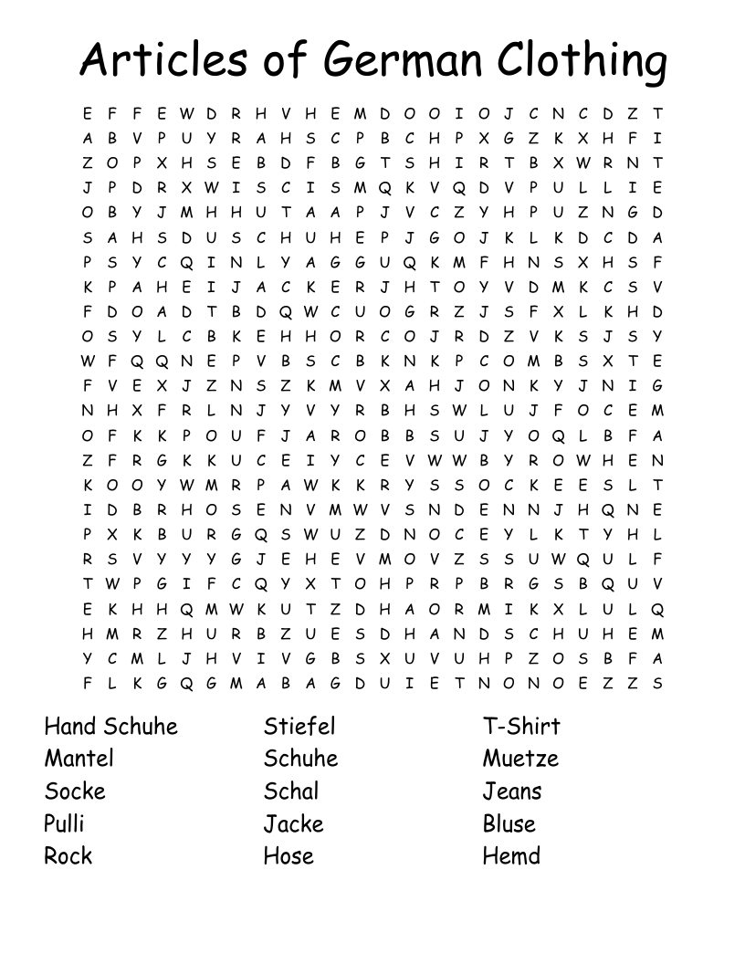 German Clothes Word Search WordMint