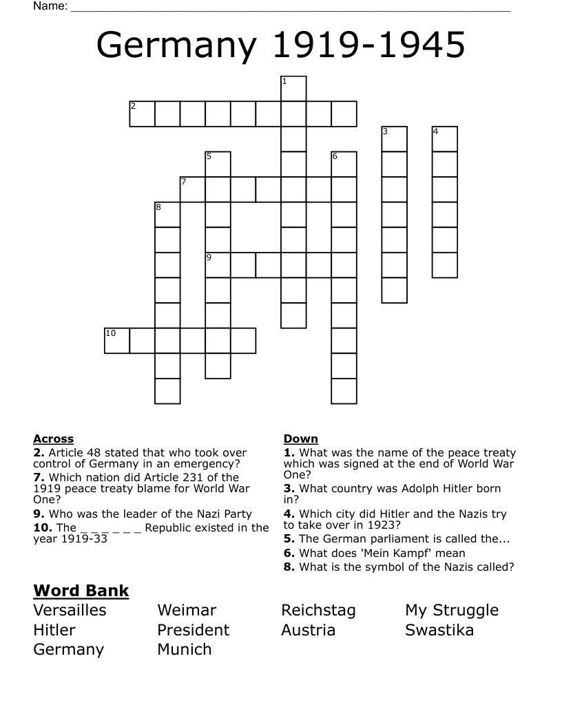 Germany 1919 1945 Crossword WordMint Germany 1919 1945 Crossword WordMint