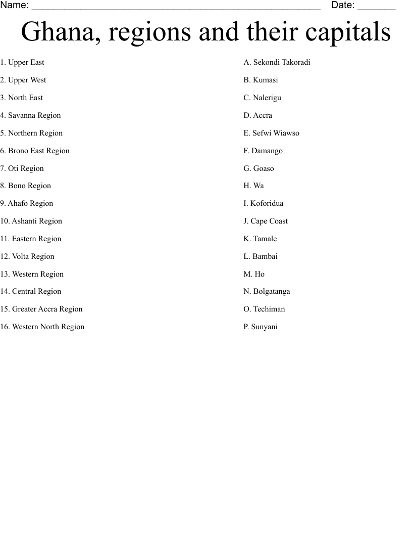 Ghana Regions And Their Capitals Worksheet WordMint