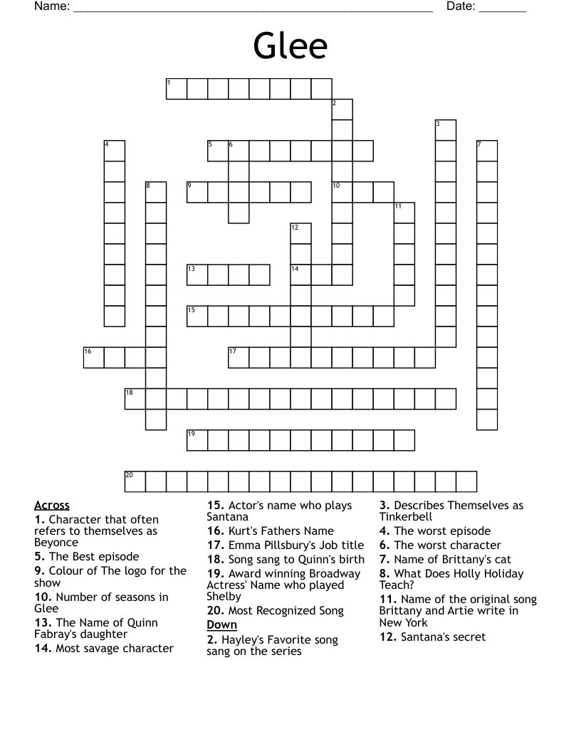 Glee Crossword WordMint Glee Crossword WordMint