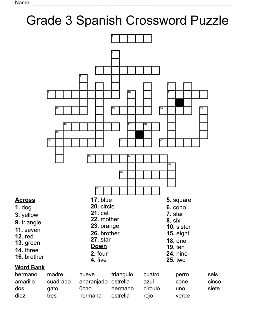 Grade 3 Spanish Crossword Puzzle WordMint