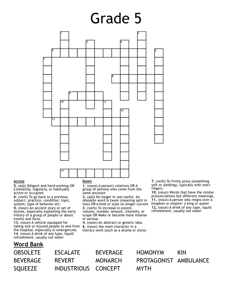 Grade 5 Crossword WordMint