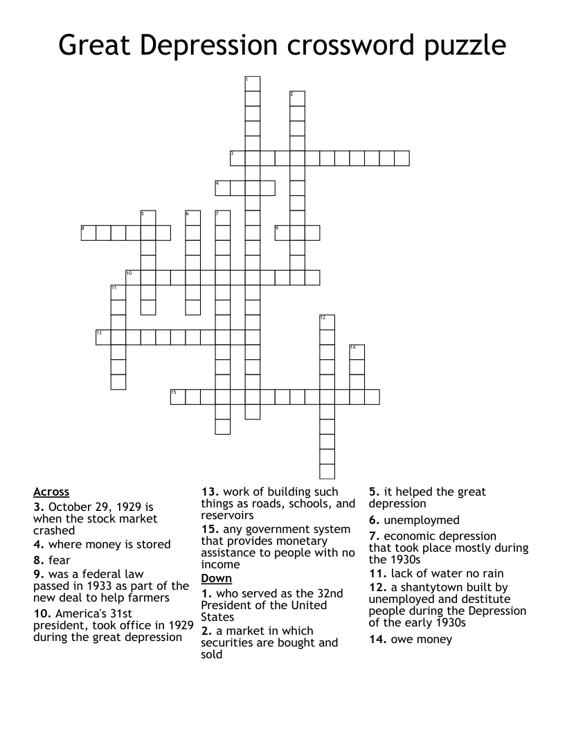 Great Depression Crossword Puzzle WordMint