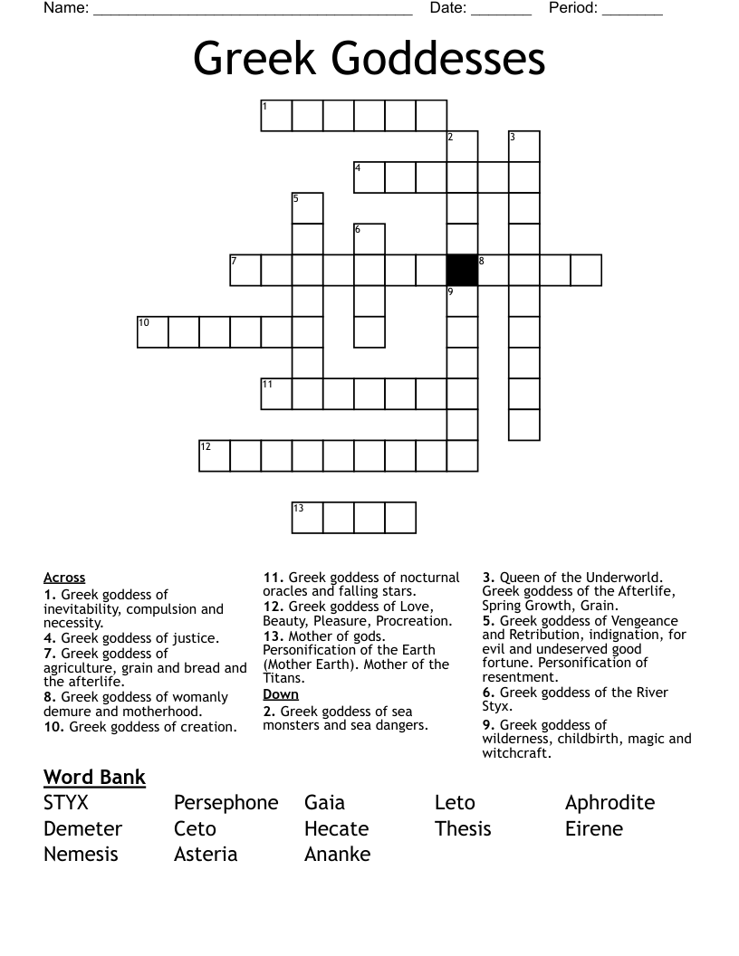 Greek Goddesses Crossword WordMint Greek Goddesses Crossword WordMint