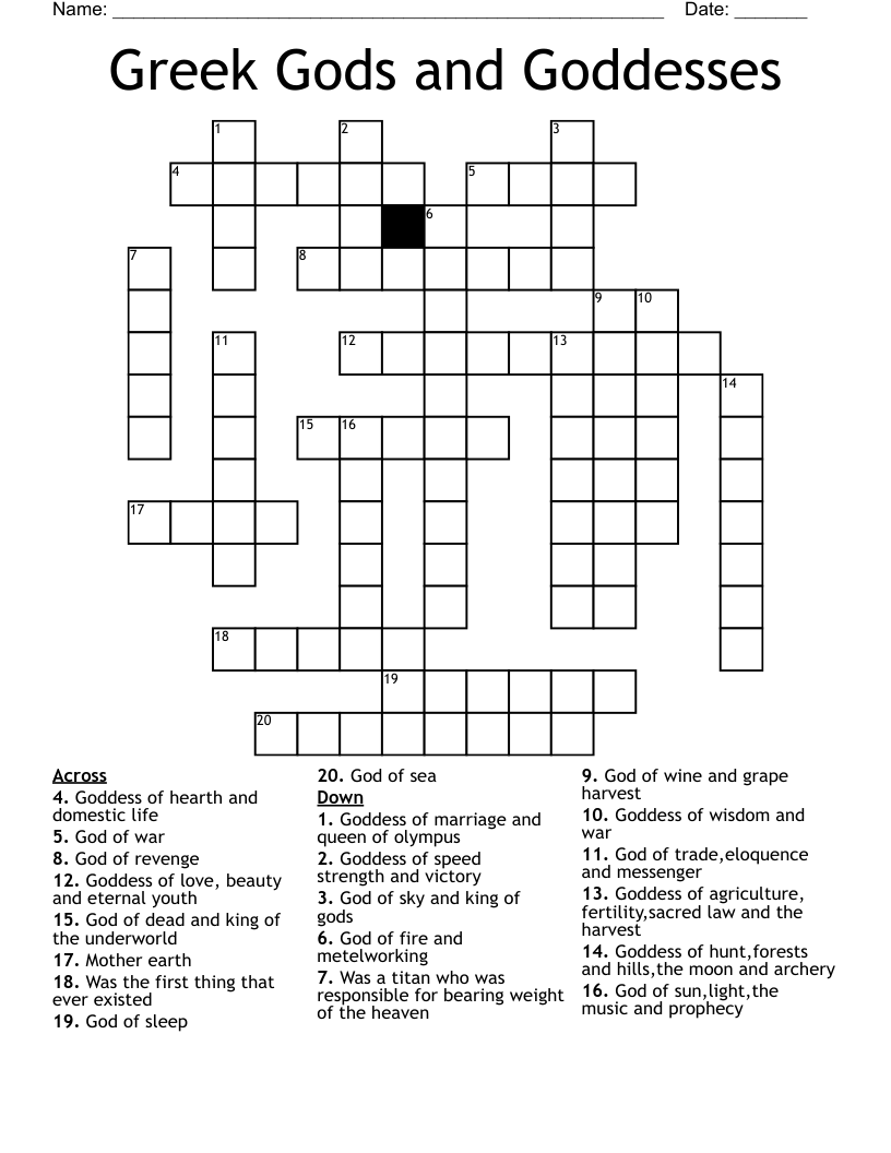 Greek Gods And Goddesses Crossword WordMint