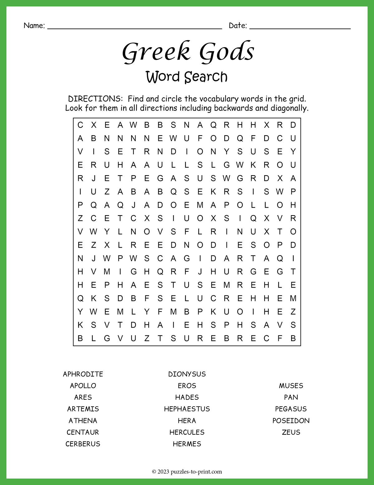 Greek Gods Word Search