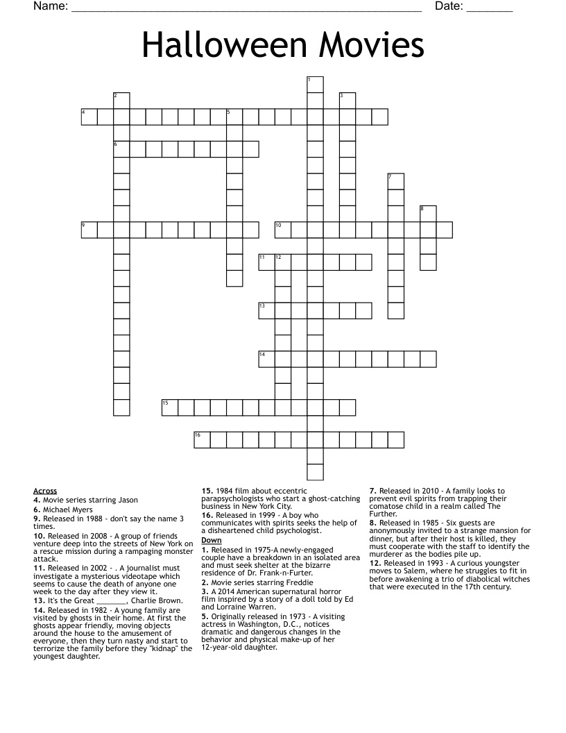 Halloween Movies Crossword WordMint Halloween Movies Crossword WordMint