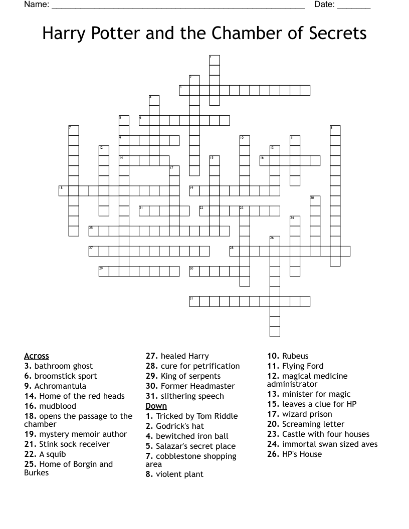 Harry Potter And The Chamber Of Secrets Crossword WordMint