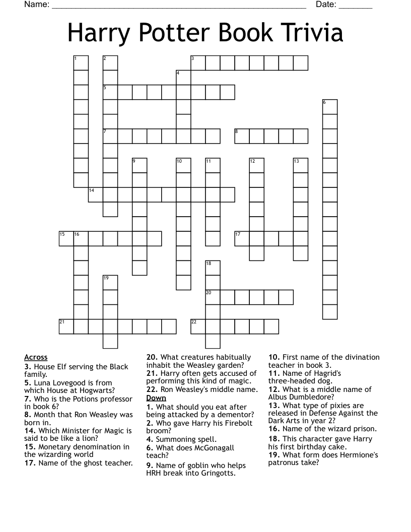 Harry Potter Book Trivia Crossword WordMint