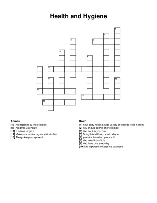 Health And Hygiene Crossword Puzzle