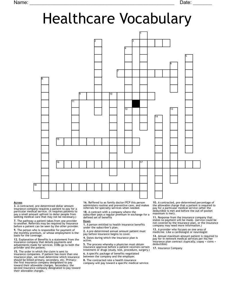 Healthcare Vocabulary Crossword WordMint Healthcare Vocabulary Crossword WordMint