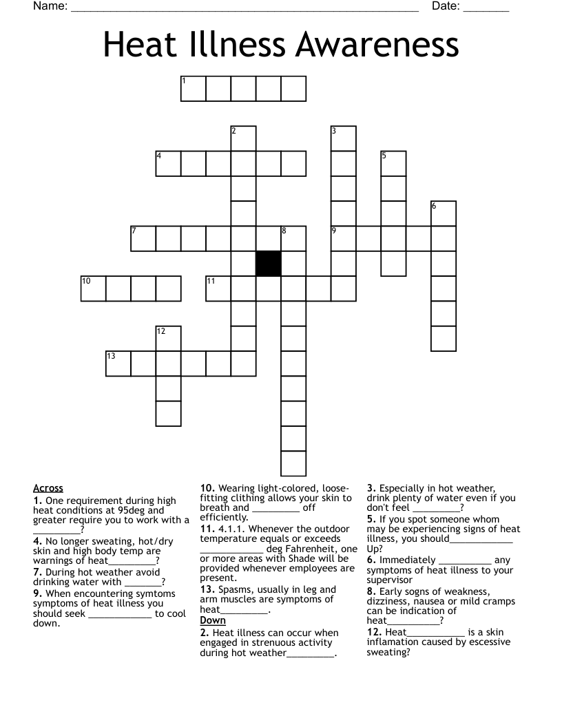 Heat Illness Awareness Crossword WordMint Heat Illness Awareness Crossword WordMint