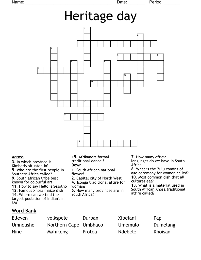 Heritage Day Crossword WordMint