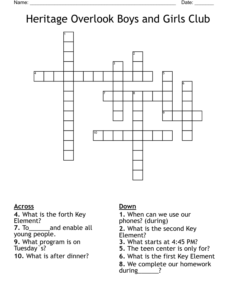 Heritage Overlook Boys And Girls Club Crossword WordMint