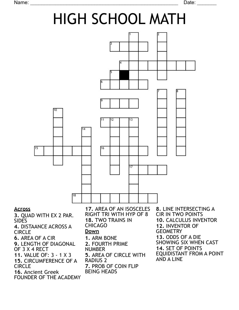 HIGH SCHOOL MATH Crossword WordMint