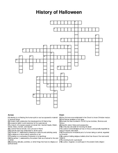 History Of Halloween Crossword Puzzle History Of Halloween Crossword Puzzle
