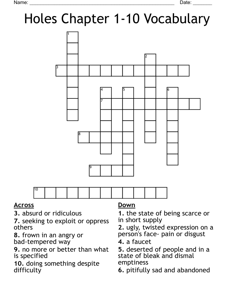 Holes Chapter 1 10 Vocabulary Crossword WordMint Holes Chapter 1 10 Vocabulary Crossword WordMint